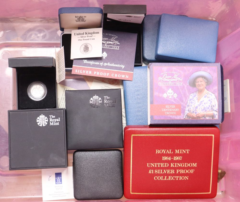 Royal Mint UK silver proof coins to include - 1984-1987 and 1994-1997 one pound coins, three other pound coins, Queen Mother centenary